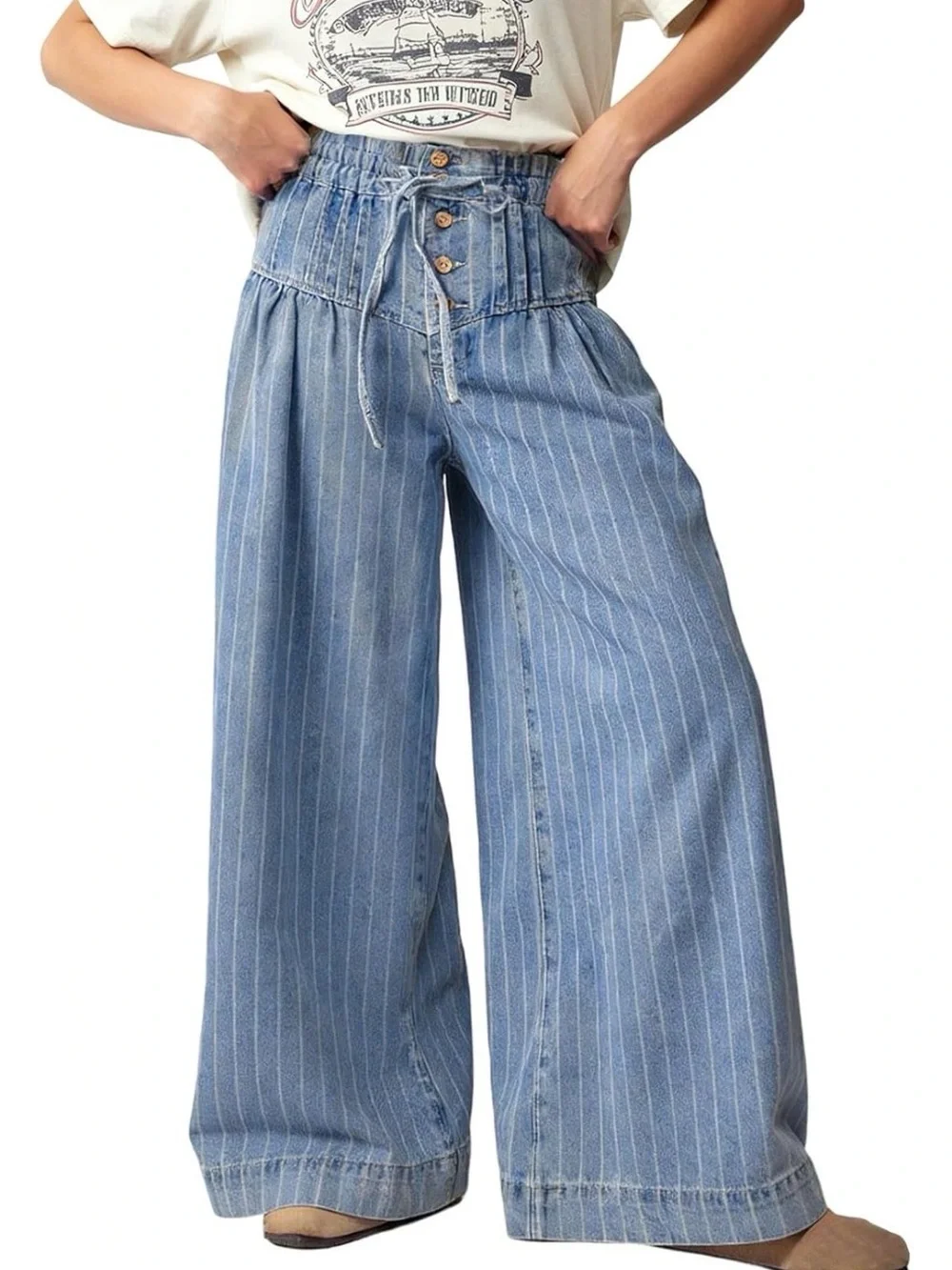 High-Waist Wide Leg Pinstripe Denim Pants - Light Blue - Picture 1 of 3